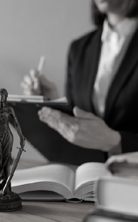 Abogada tomando notas con la estatua de la justicia al frente, destacando el enfoque en la ley y la ética