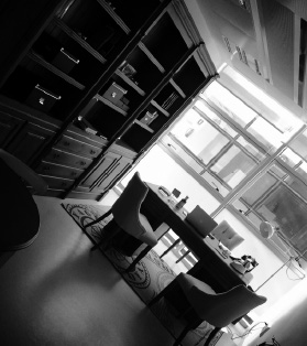 Despacho de abogados moderno con estanterías, escritorio y sillas elegantes en blanco y negro